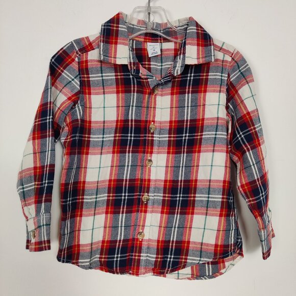 Old Navy Boys Shirt Size 3T Plaid Red Navy White Cotton Button Down Casual Comfy - Picture 1 of 4